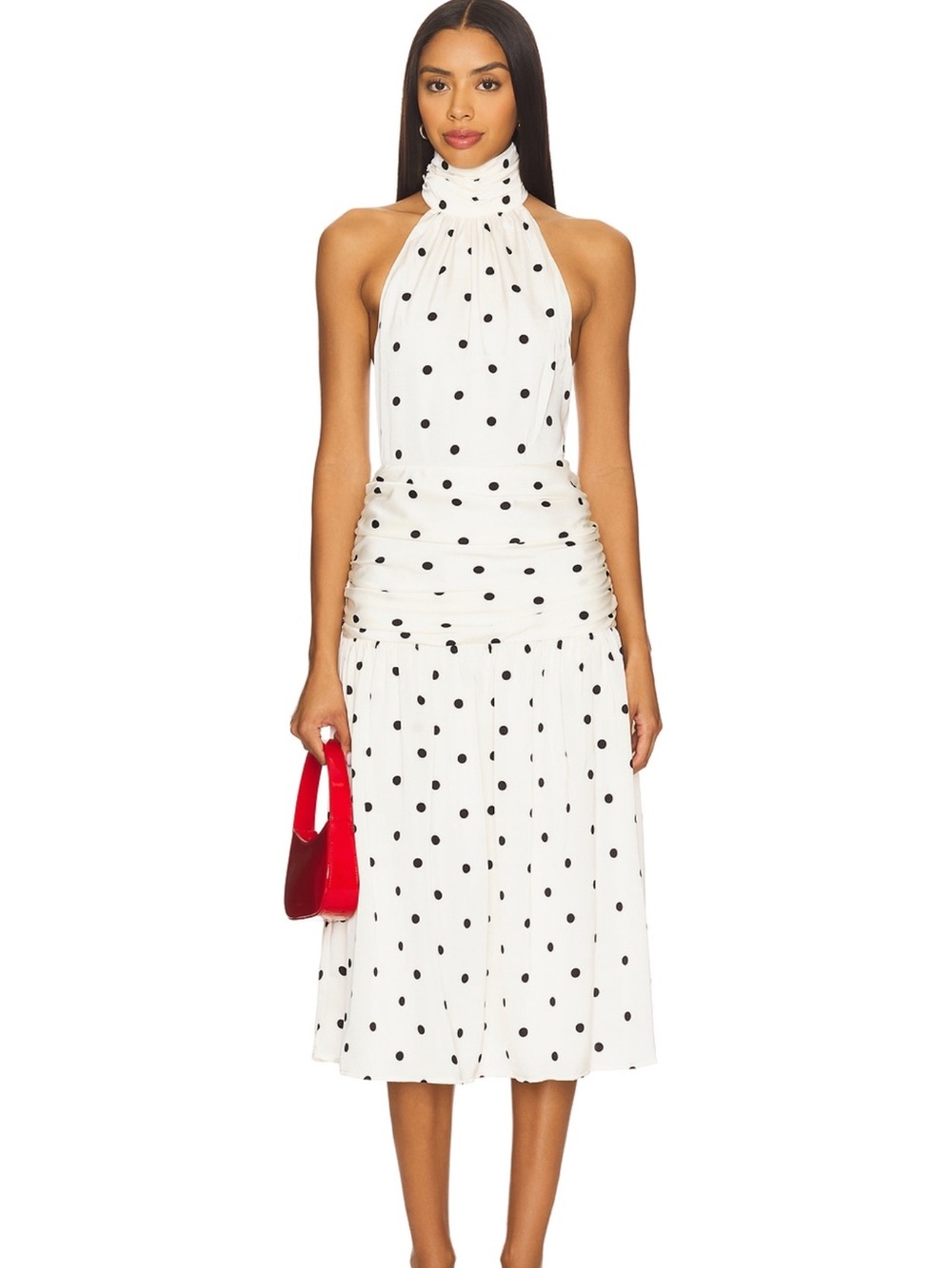 NWT - More to Come, Revolve White Halter Midi Dress with Black Polka Dots